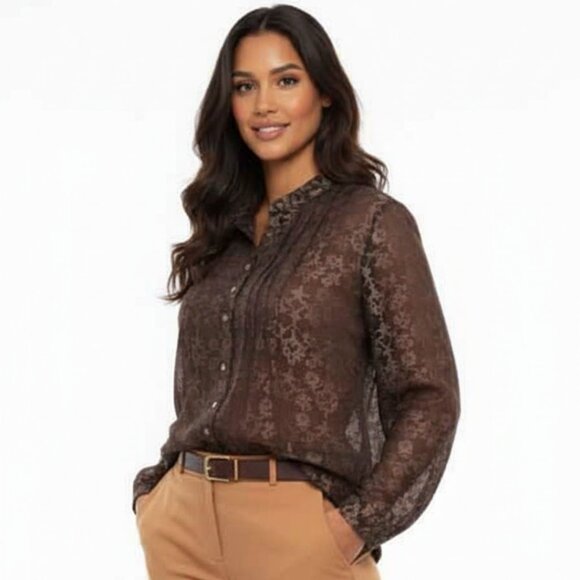Luxury Chico's Size 1/M Sheer 100% Silk Bronze Brown Button Up Top Blouse - Picture 1 of 3